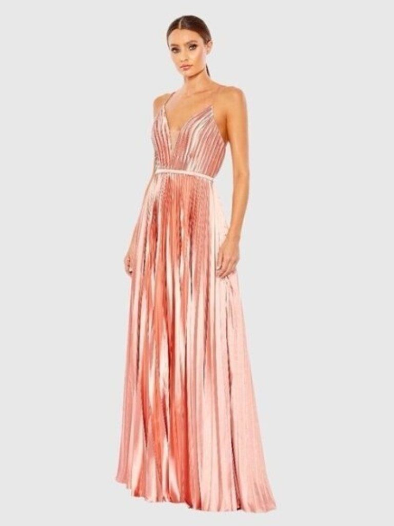 Mac Duggal Size 10 Peach V-Neck Pleated Satin Evening Formal Prom Gown Dress New